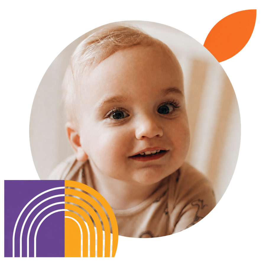 A smiling baby framed by ISSA brand shapes