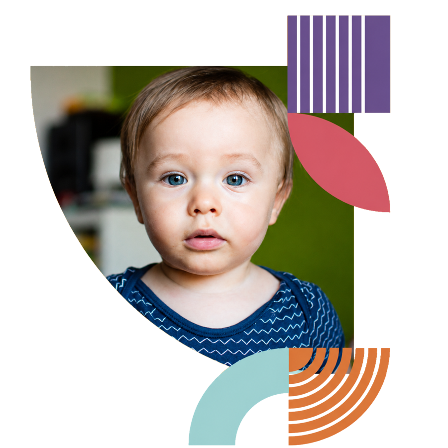 A toddler portrait framed by ISSA brand shapes